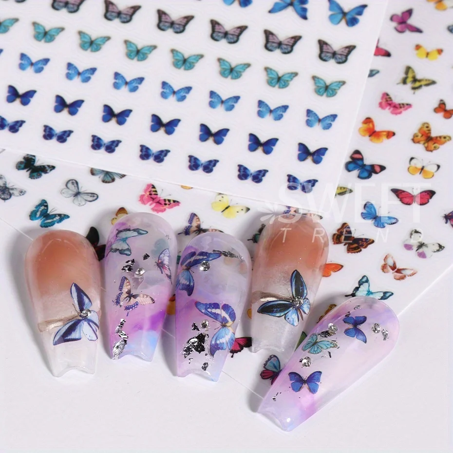 3pcs Luminous Butterfly Nail Decal Stickers Colorful Blue Butterfly Series Design Glow In The Dark Night Polish Sliders Manicure