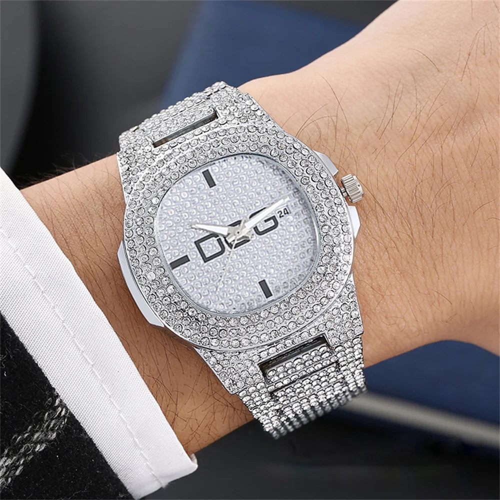 Man's Watch Luxury Full Star Diamonds Calendar Quartz Watches Fashion Rose Gold Stainless Steel Male Hip Hop Large Dial Clock 6