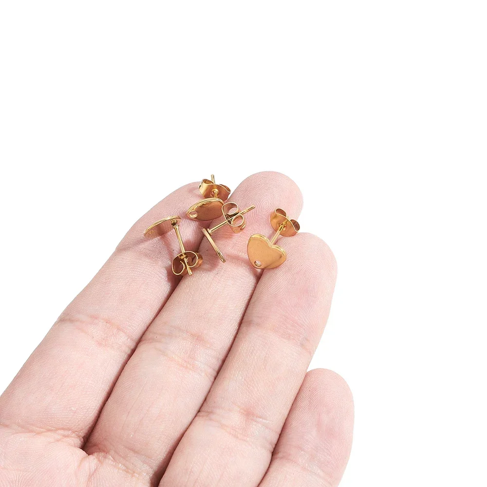 10Pcs Heart Round Flat Ear Stud Stainless Steel Gold Drop