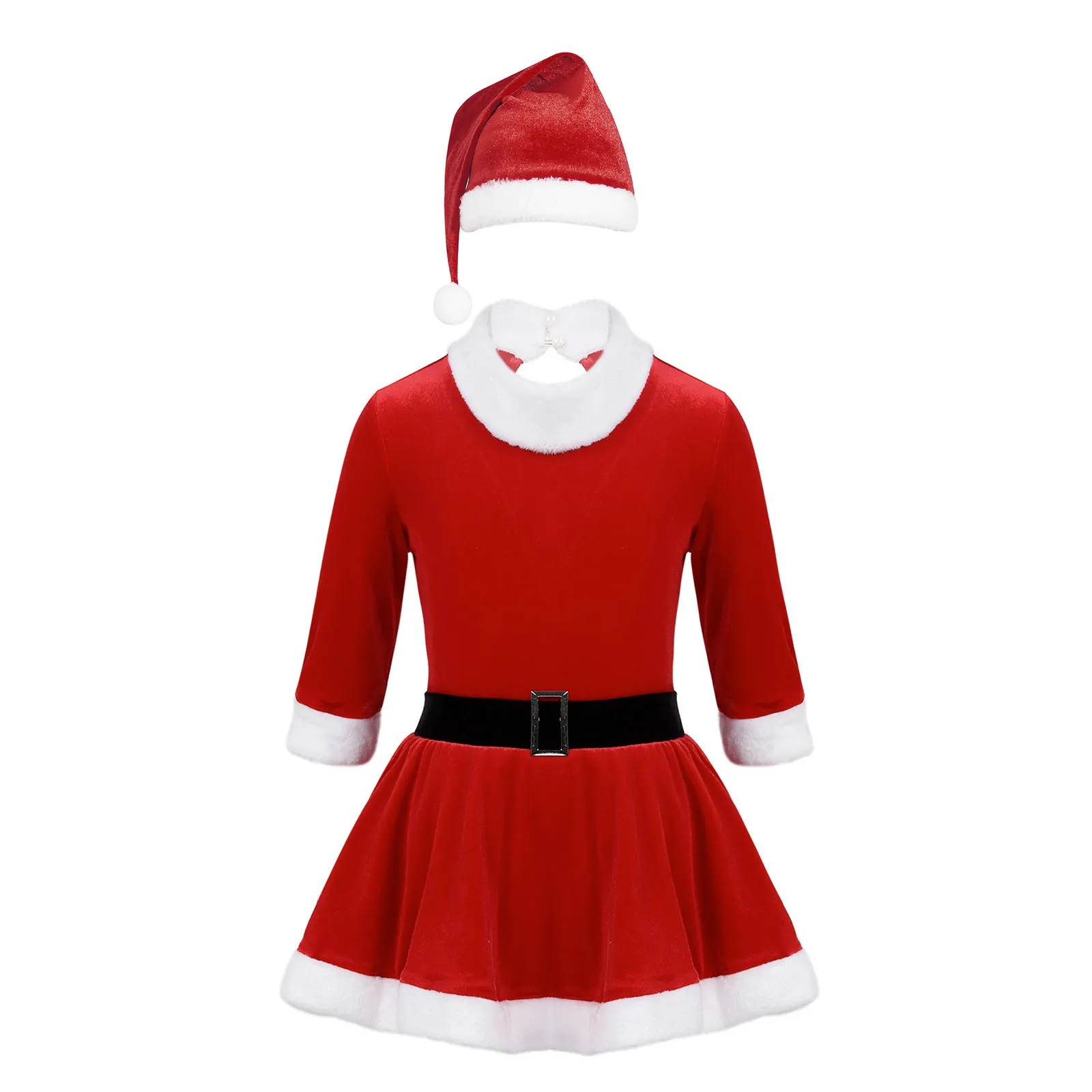 

2Pcs Kids Girls Christmas Santa Cosplay Costume 3/4 Sleeves Hollow Back Velvet Leotard Dress with Xmas Beanie Hat for New Year