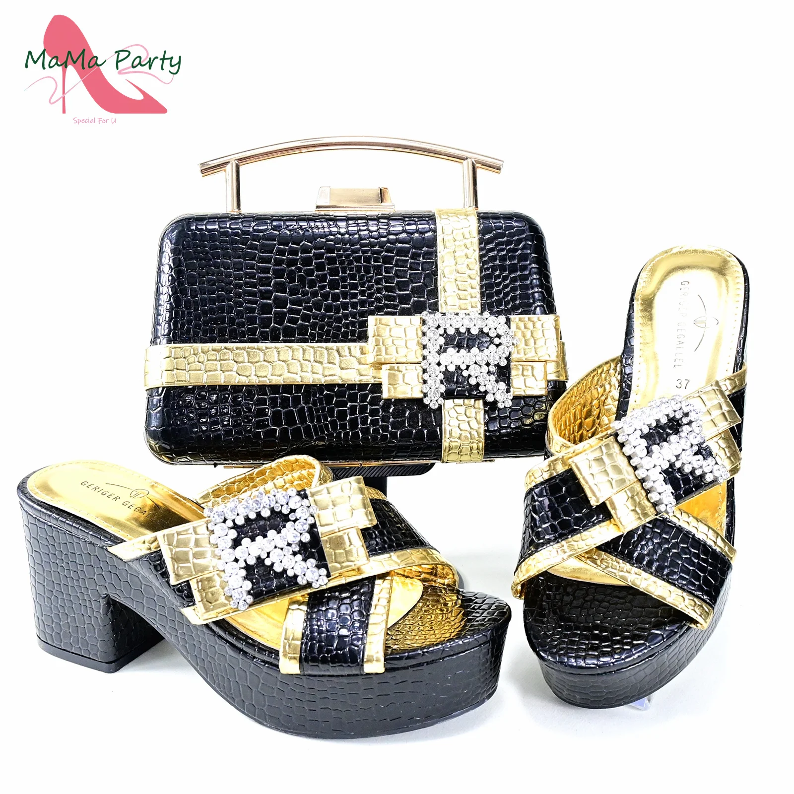 

Classics New Arrivals Italian Design Shoes Matching Bag Set in Black Color British Style Comfortable Heels with Shinning Crystal