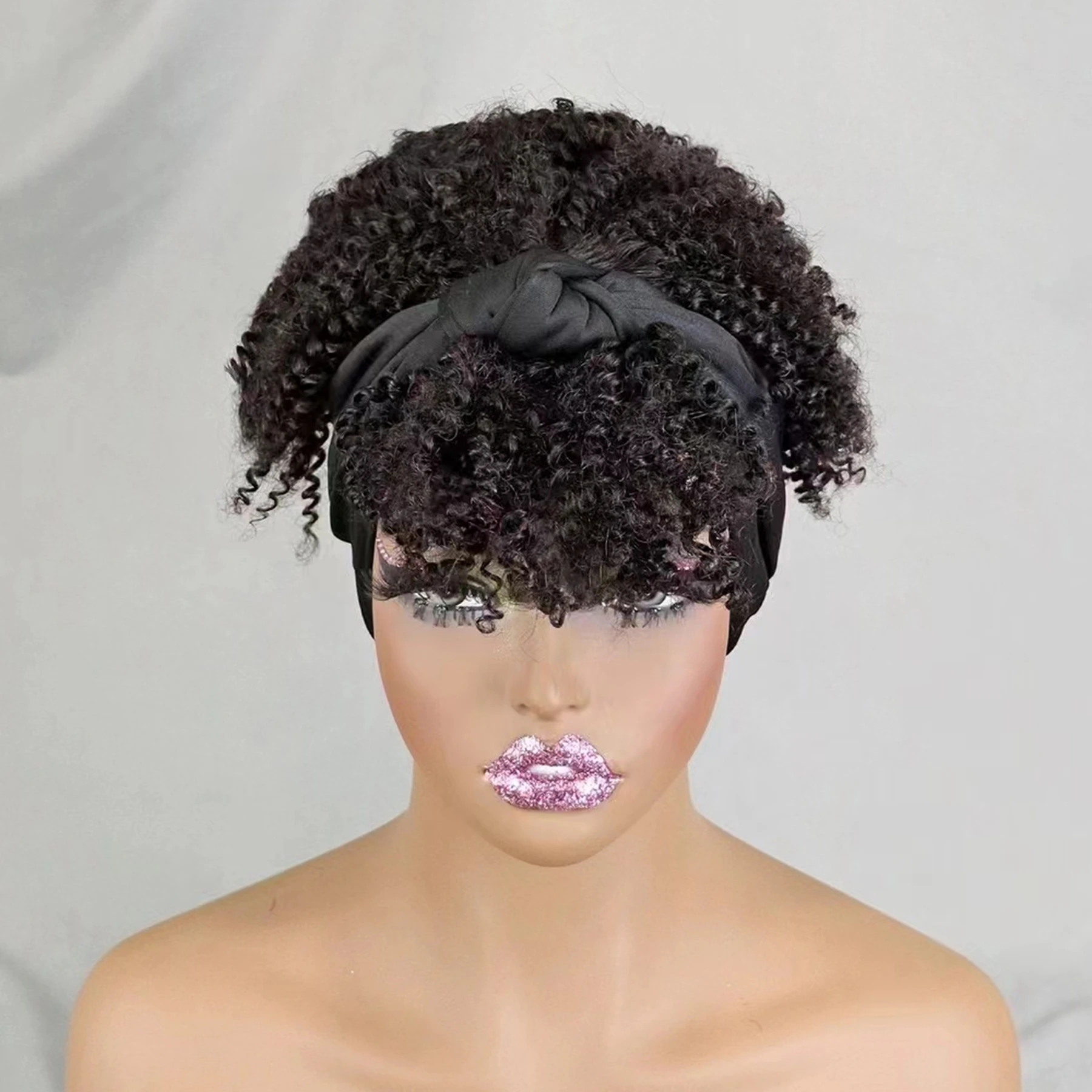 200% 밀도의 기계식 풀메이드 가발 스카프 가발 (앞머리 포함) 자연스러운 아프로 곱슬머리 짧은 인모 가발 (흑인 여성용, 프리플럭킹 처리)