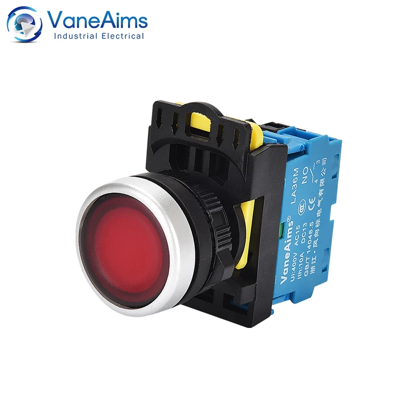 VaneAims 순간 자동 리셋 푸시 단추, LA36M 시리즈 1NO, 12v, 24v, LED 라이트 래칭 단추 스위치, 켜기, 끄기 쉬운 설치, 22mm