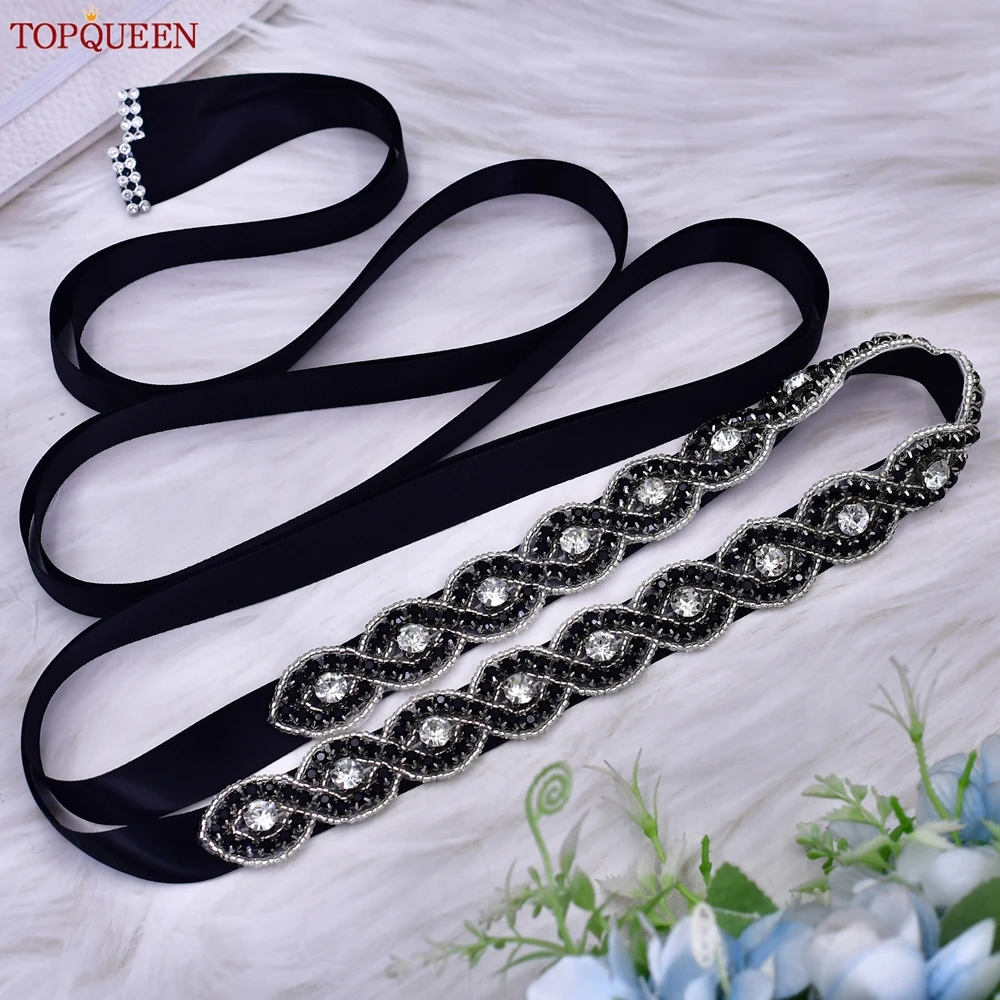 

TOPQUEEN New Black Crystal Women's Belt Wedding Belt Evening Gown Accessories Banquet Bridesmaid Bridal Belt Applique S28-BK