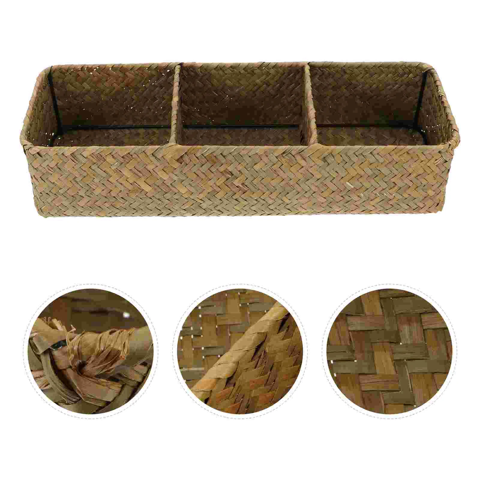 

Compartments Home Storage Basket Box Handmade Seagrass Woven Storage Box Sea Grass Woven Sundries Storage Container