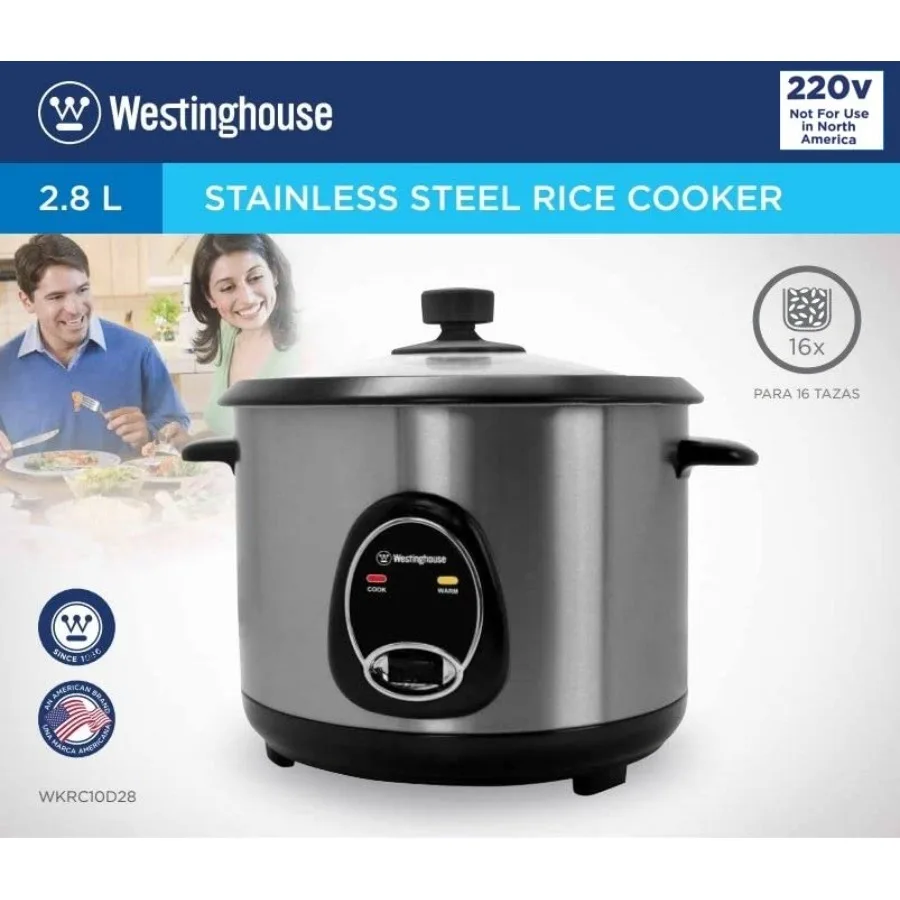 220 Volts Rice Cooker with 16 Cup NonStick Cooking Pot Includes Measuring Cup and Keep Warm Function Stainless Steel Design 100