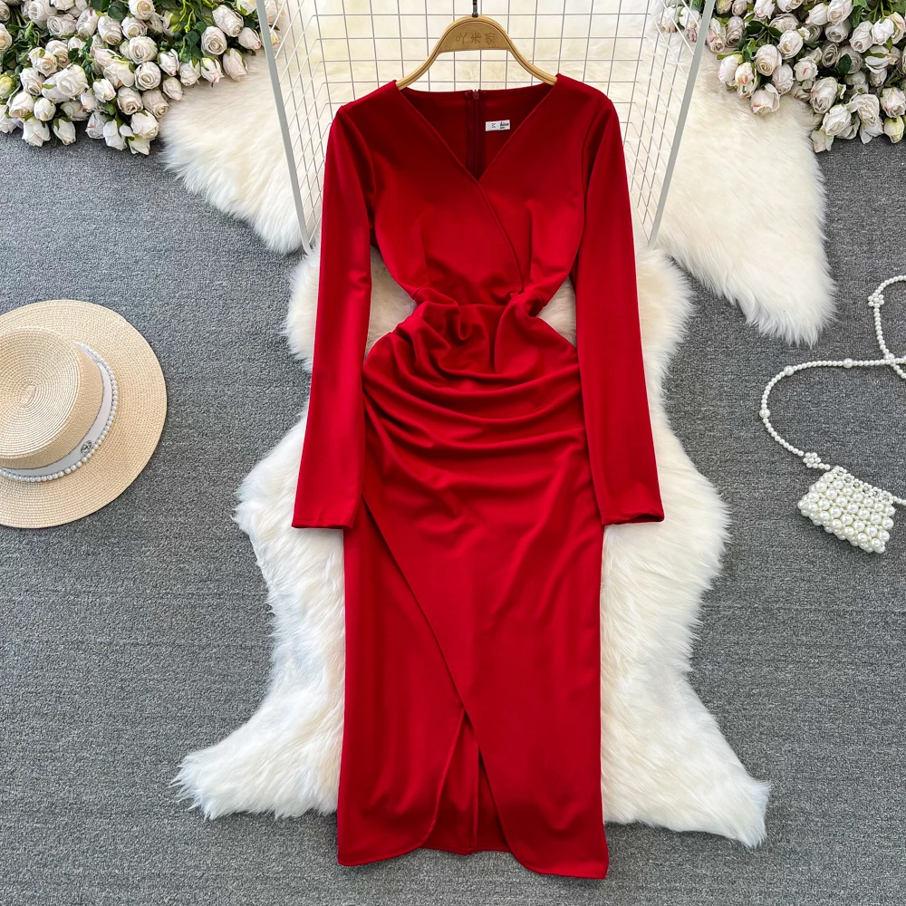 

Feminine And Elegant Charm Long Sleeve V-neck Party Drss With A Waistband For Women Slimming Long Pleated And High Split Dress