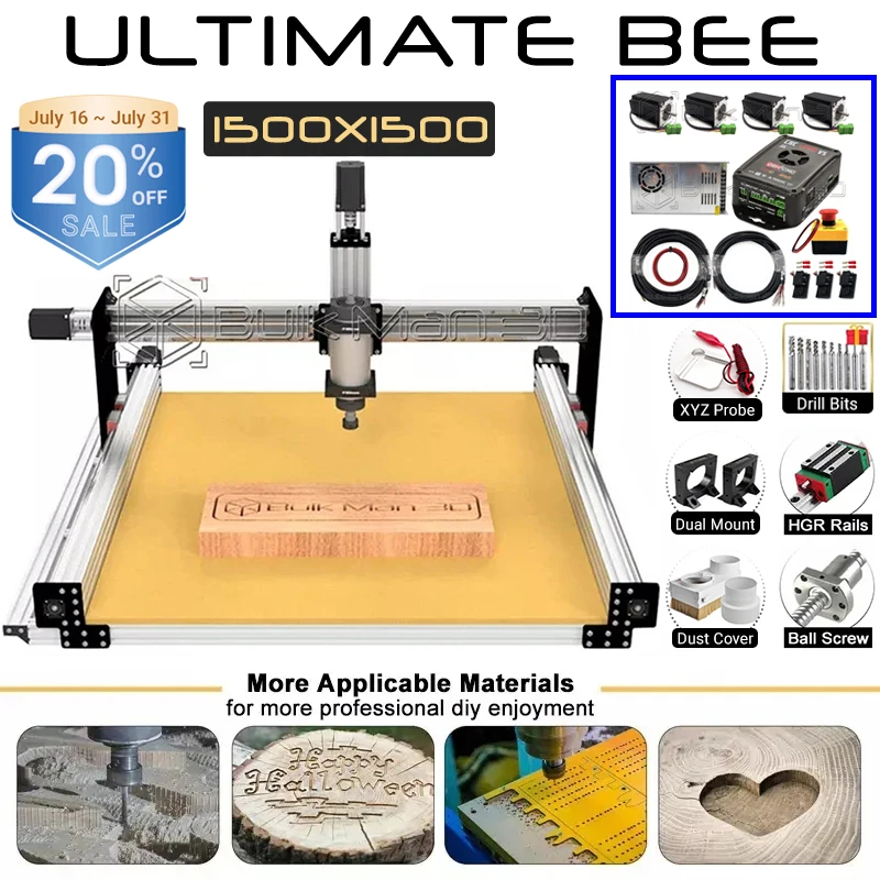 

20%OFF 1500x1500mm ULTIMATE Bee CNC Router Machine Full Kit with xPRO V5 GRBL Controller DIY Woodworking Engraver BulkMan 3D