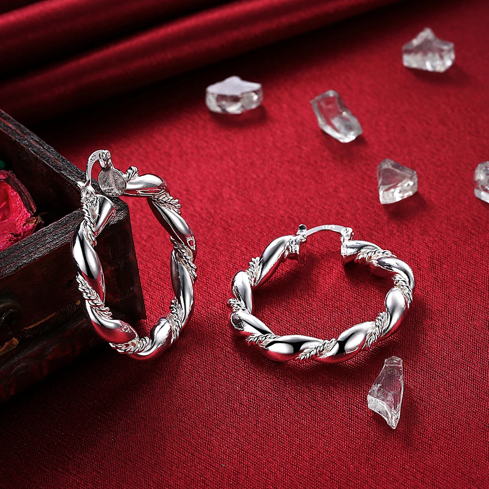 

Hot 925 Sterling Silver Hoop Earrings for Woman Fashion Party Wedding Jewelry Elegant Retro Weave Circle Earrings Christmas Gift