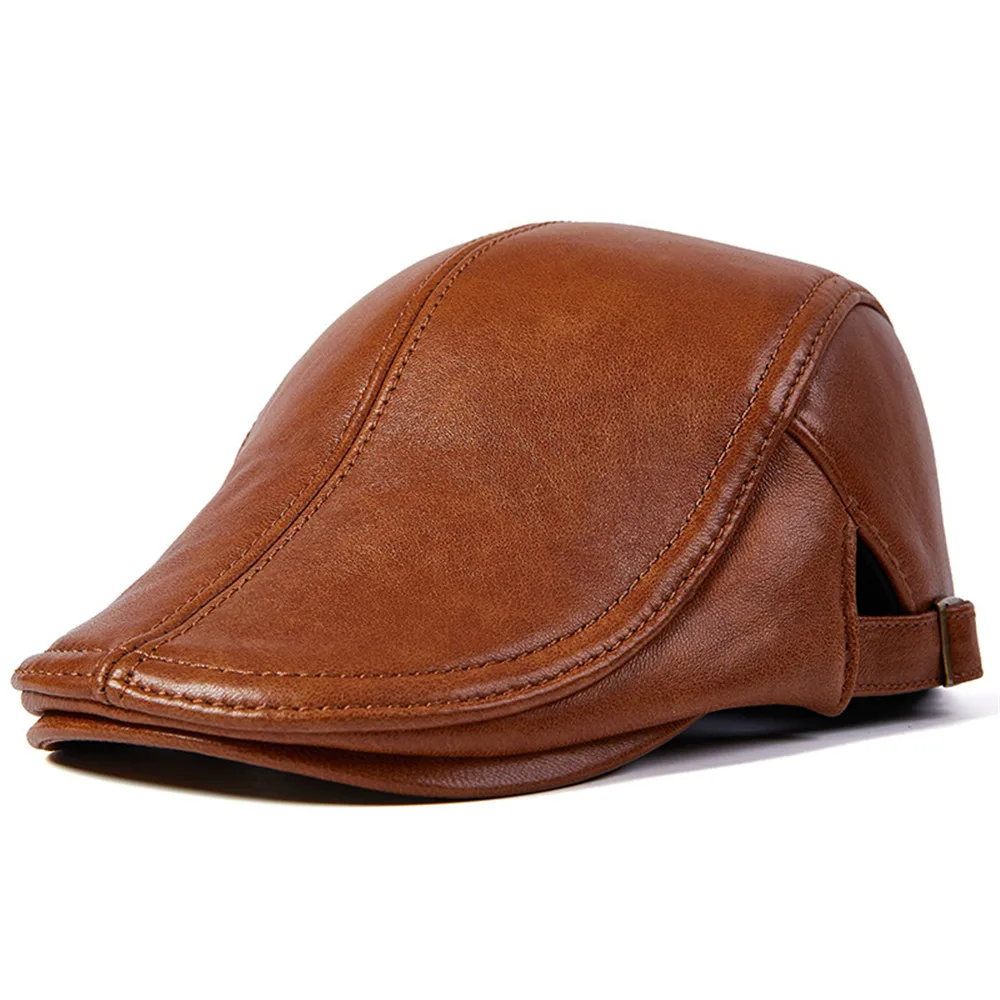 BUTTERMERE Men Beret Hat Real Leather Flat Cap Sheepskin Autumn Winter Male Brown Adjustable High Quality  Mens Beret Caps 6