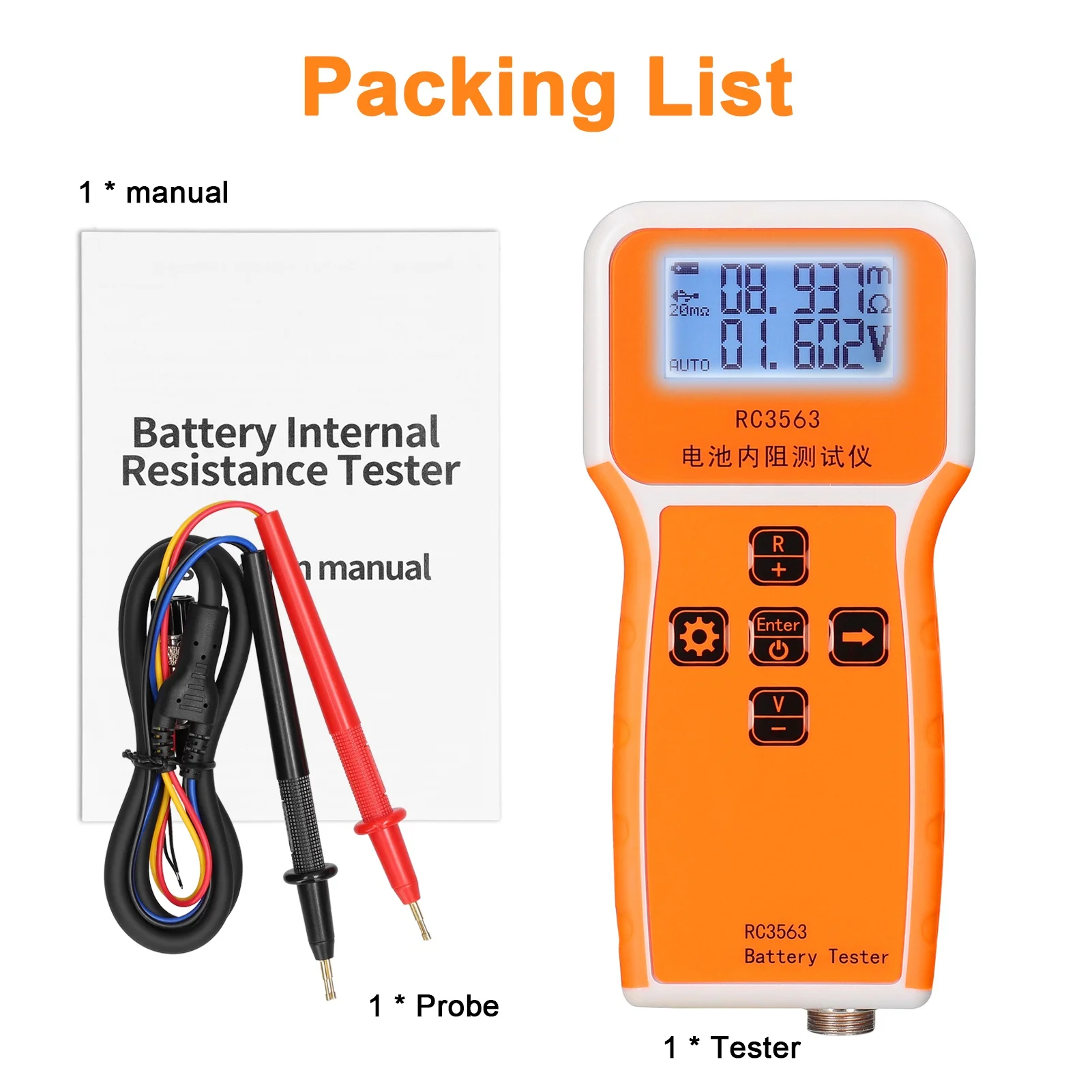 Testeur de Résistance Interne de Batterie RC3563 avec son boîtier et accessoires, prêt à l'emploi.