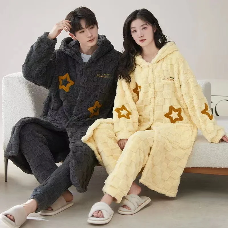 

Pajamas Robes Set Women Men Winter Thick Warm Sleepwear Long Sleeve Nightgown Fleece Long Gown Kawaii Lovers Homewear Pijamas