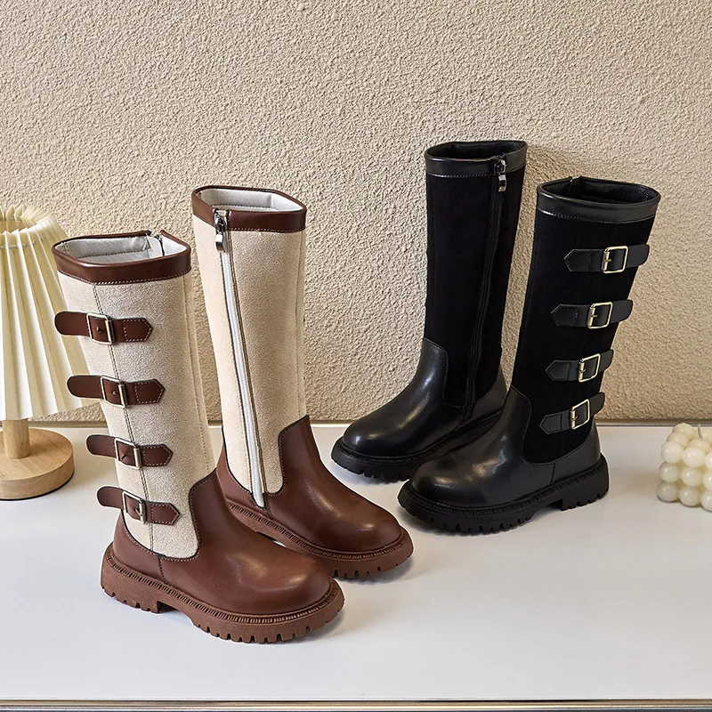 Kids'Boots 솔리드 컬러 PU 가죽 패션 가을 무릎 높이 부츠 소녀용 미끄럼 방지 통기성 블랙 브라운 신발 사이즈 27-37