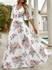 Women Sexy V-Neck Lotus Leaf Sleeves Printed Beach Holiday Dresses