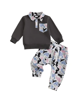 Stylish Infant Boys Outfit Set Featuring Trendy Lapel Top and Camo Pants for a Cool Fall Look - 2 Piece Ensemble 1