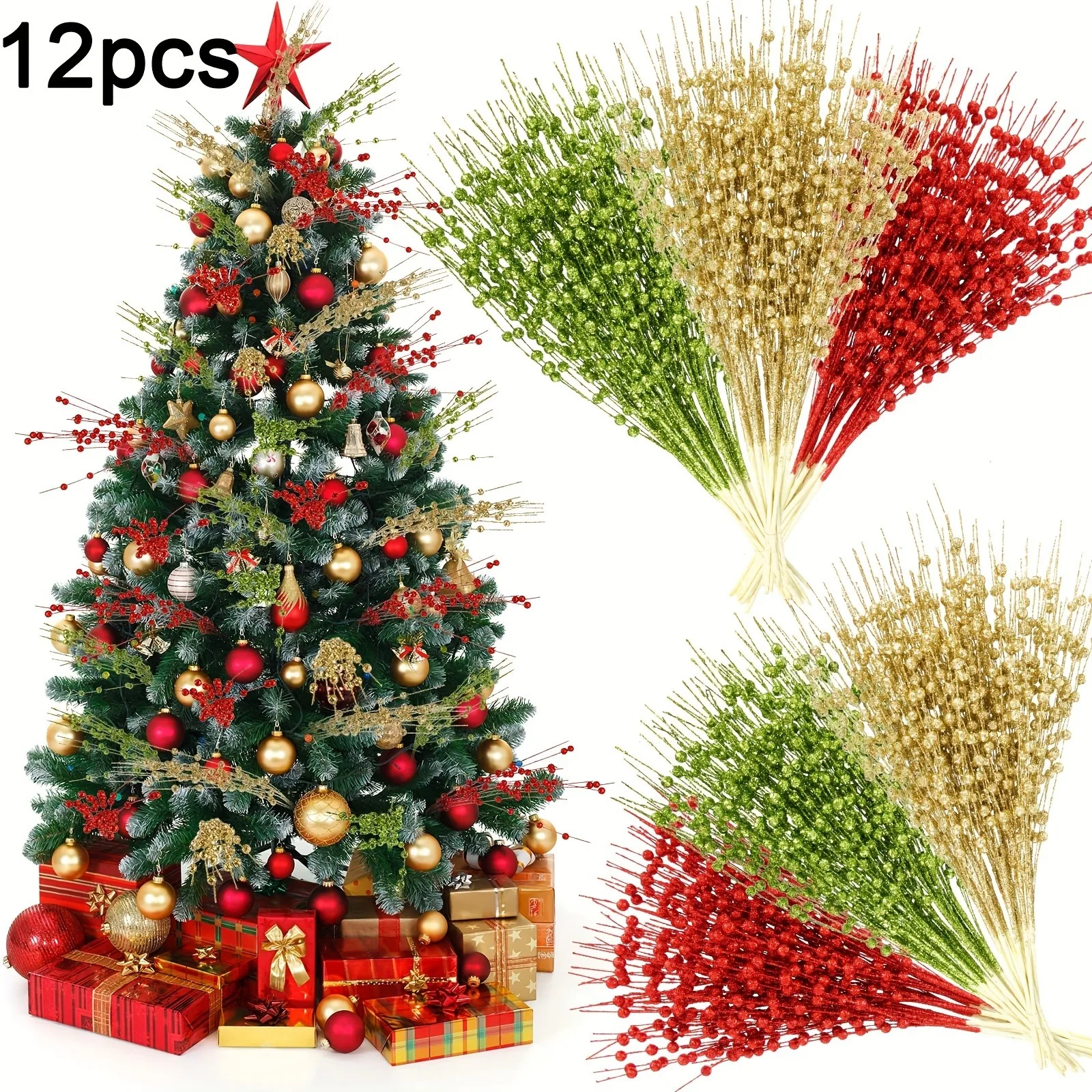 6/12 Stück glitzernde künstliche Beerenstrauß Weihnachtsdekoration Weihnachtsbaumschmuck für Zuhause Zimmer Vase Dekor Neujahr 2026 Geschenke – Detail 9
