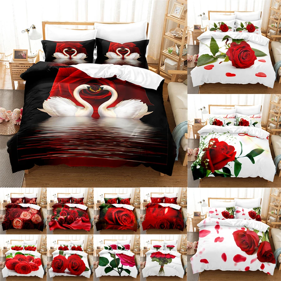 

Red Flower Duvet Covers Set Full Size Rose Quilt Cover 200x230cm 210x210cm Bedding Sets 3pcs 2pcs King Queen Single Double Bed