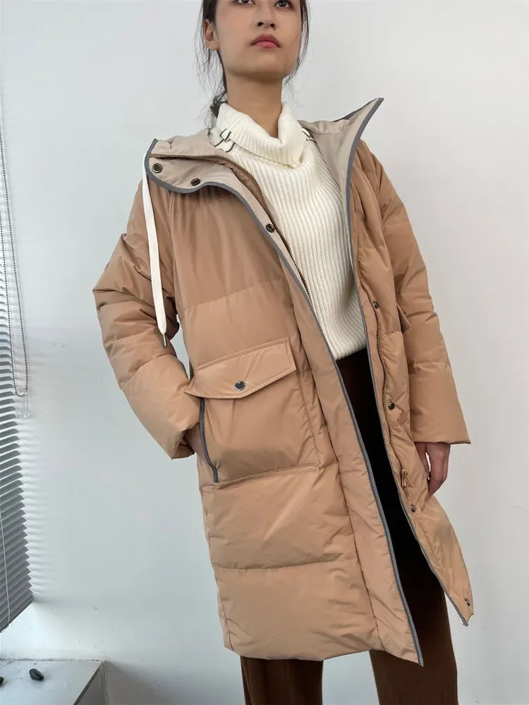 

Women's Hooded Mid-Length Down Coat 2023 New Winter Fall Zipper Loose Warm Casual Long Sleeve Jackets