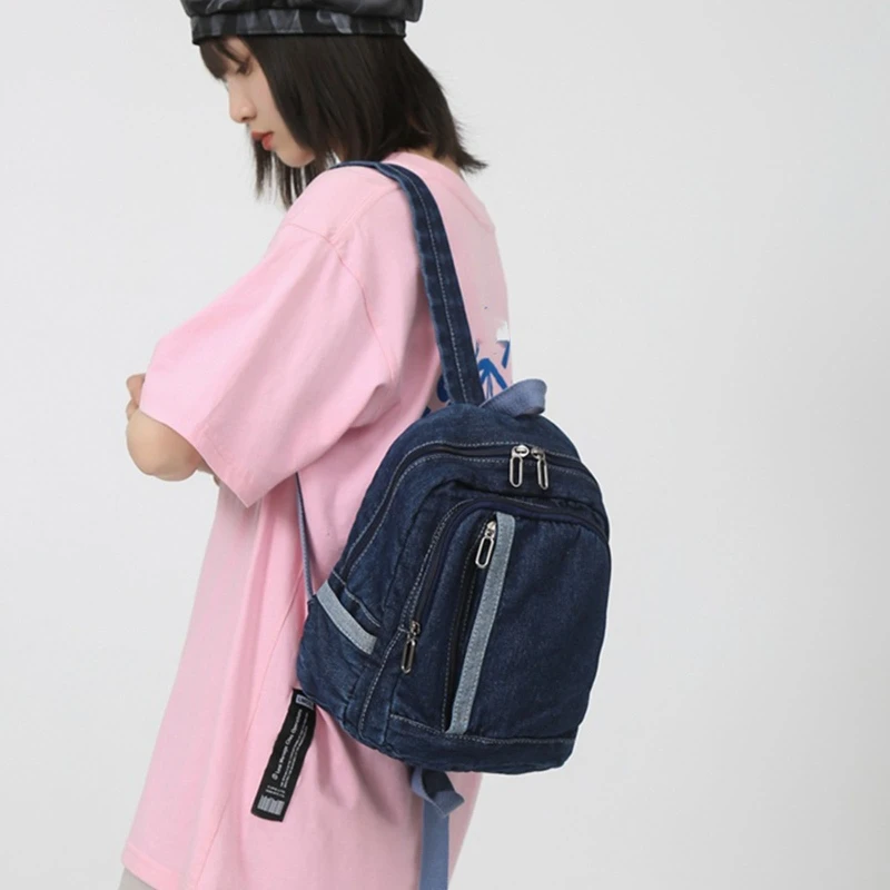 Vintage Denim Daypack Blue Jean Backpack Rucksack Double Shoulder Bag Schoolbag for University Vacation Travelling