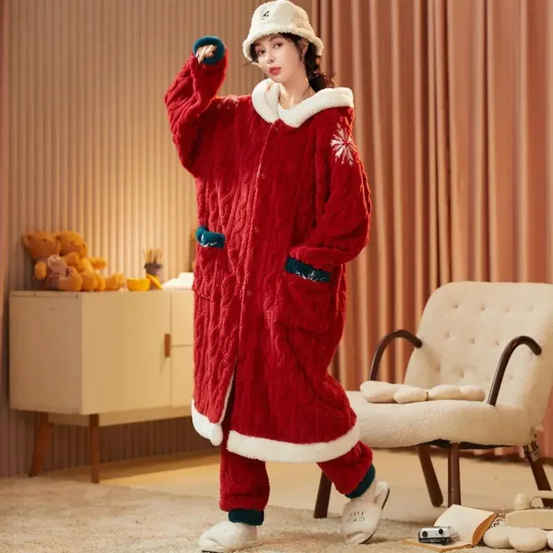 New Winter Women's Flannel Pajama Suit Coral Velvet Pajamas Long Nightgown Household Suit Plush Thicken Korean Fashion