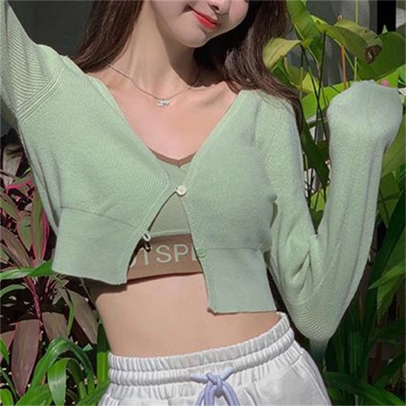 

Womens Solid Cardigan Sweater V-Neck Button Down Knitted Open Front Sweater Long Sleeve Sweet Tops Cropped Sweater Coat