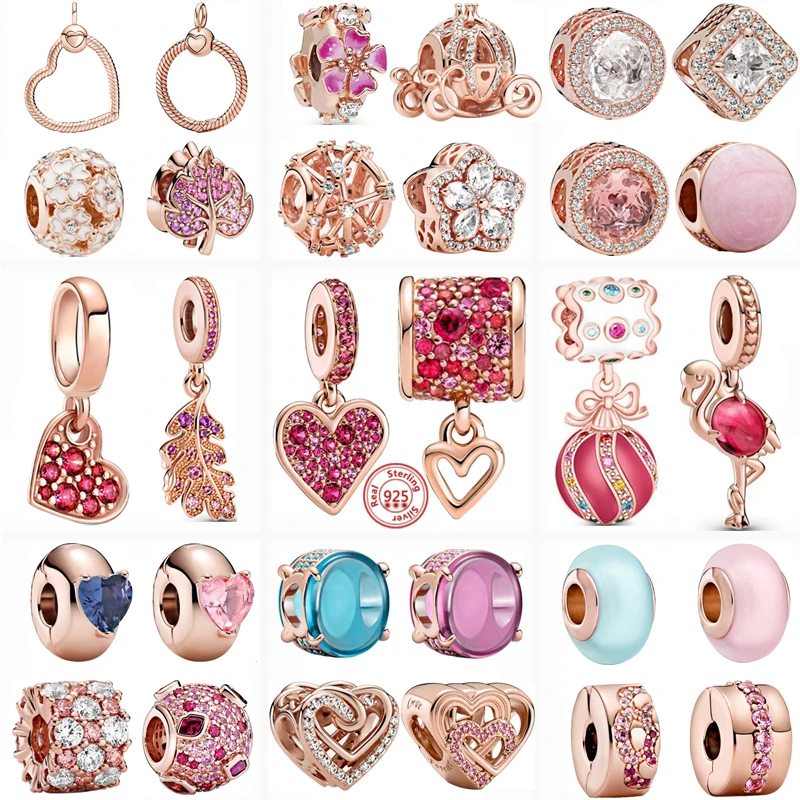 Rose Gold Series Pink Zircon Leaves Heart Pendant Sparkling Clip Bead Fit Pantaro Charm Bracelet DIY 925 Silver Jewelry charm jewelry sterling silver jewelry beads charms sterling silver beads silver charm bead charm bead beads jewelry loose beads silver bead bracelet sterling silver beads charm silver charm bracelet