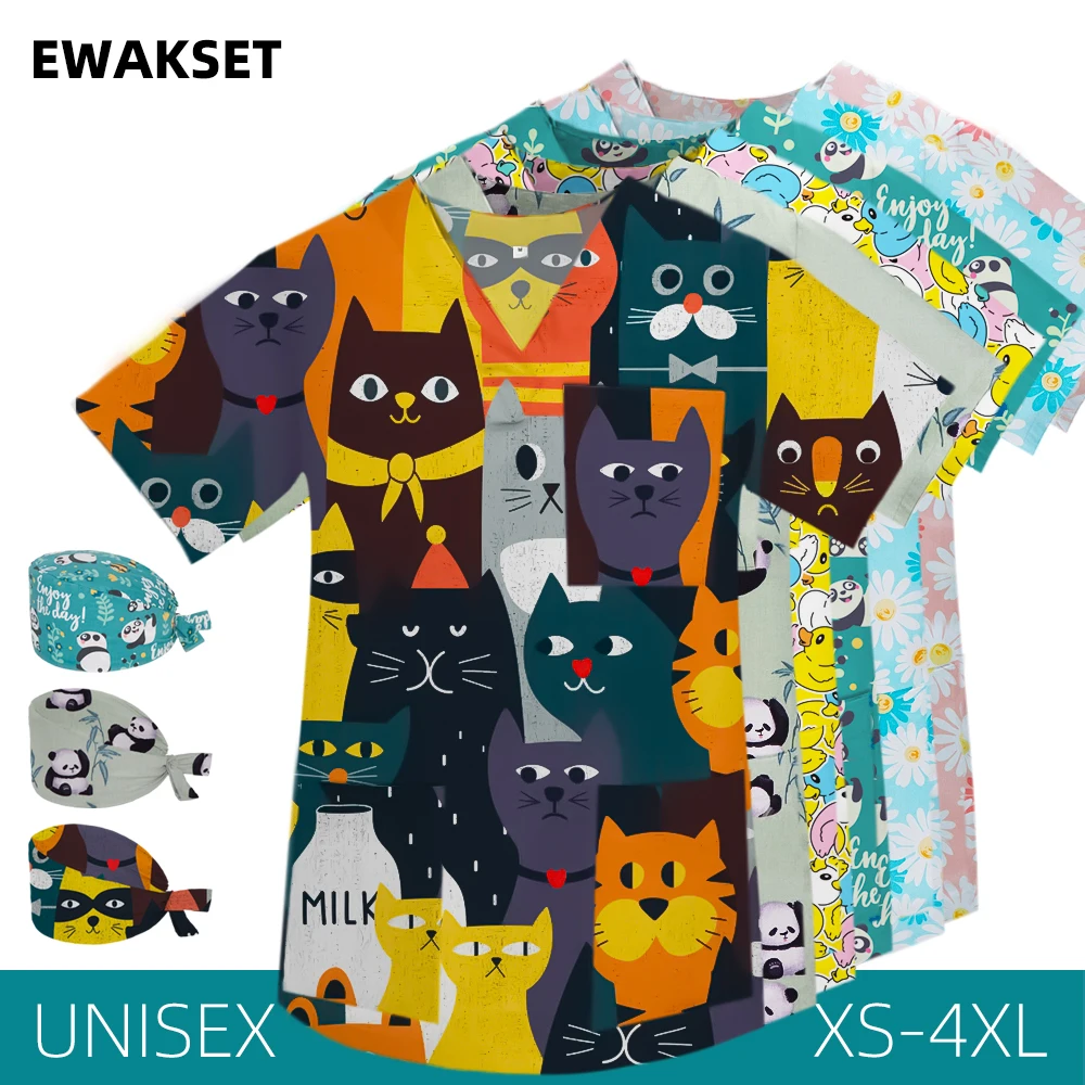 Medical Scrubs Unisex Scrub Top pure Cotton Animal Printed V Neck Blouse Beauty Pet Shop Lab Medical Hospital Nurse Doctor Shirt