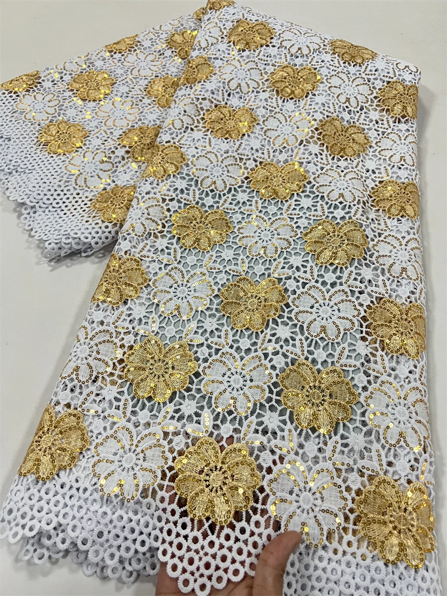 African Guipure Cord Lace and Fabric Golden Sequins Nigerian Water Soluble Lace Evening Party Dresses For Women Sew,2.5yards4086