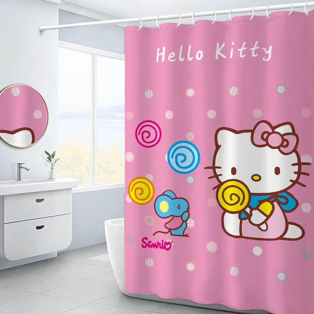 

Sanrios Hello Kitty Kawaii Cartoon Shower Curtains Waterproof Mildew Bath Screen with Hooks Anime Home Decor