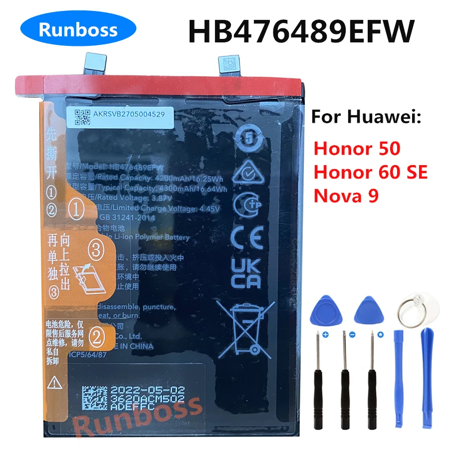 

Original HB476489EFW 4200mAh Battery For Huawei Honor 50 , Honor 60 SE ,Hi Nova 9 , NAM-AL00 , NTH-AL00 ,GIA-AN00 Mobile Phone