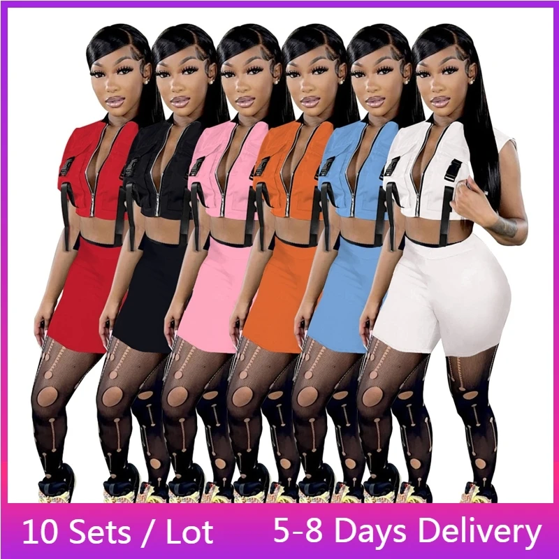 

Wholesale Items Summer Two Piece Sets Womens Outfits Buckles Jacket Crop Top Biker Shorts Sets Streetwear Women Short Suits 2022