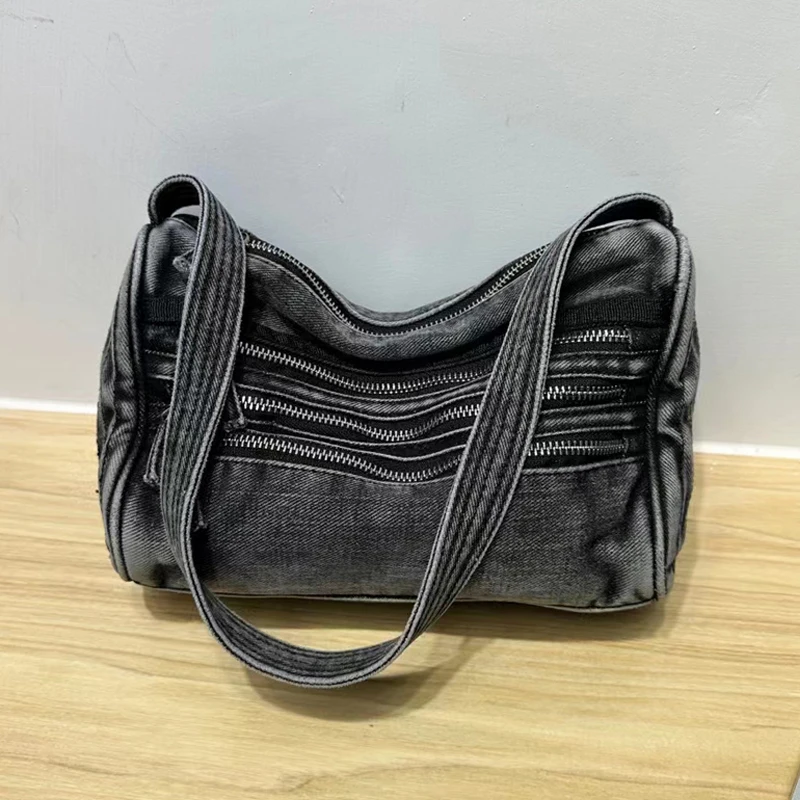 

Vintage Washed Denim Bag For Women Luxury Designer Handbag Purse 2023 New In Multiple Zip Pockets Moto & Biker Underarm Shoulder