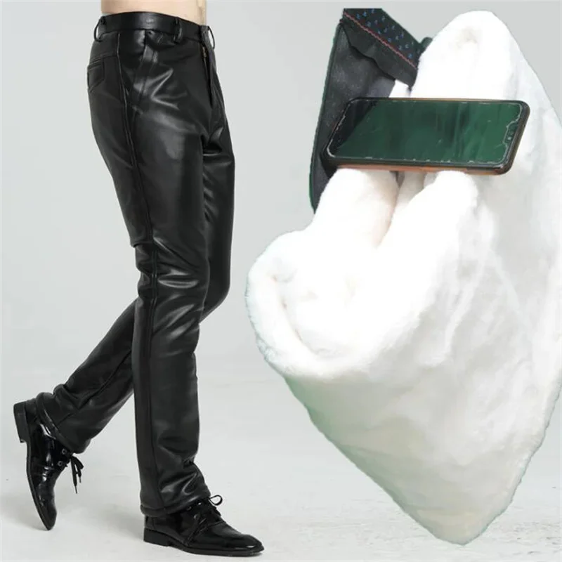 

Middle-aged leather pants men motorcycle trousers plus velvet thick winter size high waist loose warm cold rainproof windproof