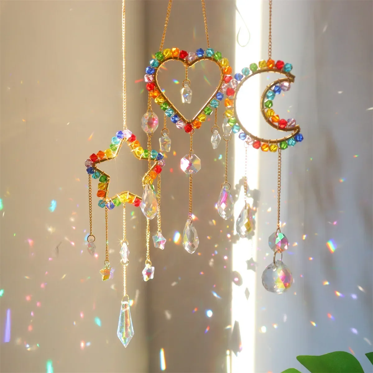 Chakra Glass Crystal Suncatcher Moon Star Heart Hanging Pendants Rainbow Prism Wind Chimes Garden Home Decor Christmas Ornament