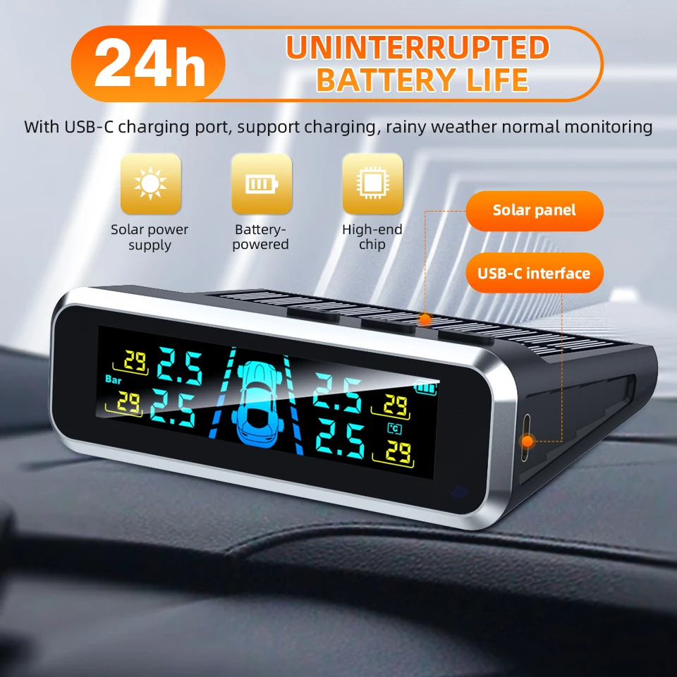 Sistema di monitoraggio della pressione dei pneumatici wireless E-ACE con display a colori dinamico, temperatura pneumatici, USB/Solare, 4 sensori TPMS - immagine 4
