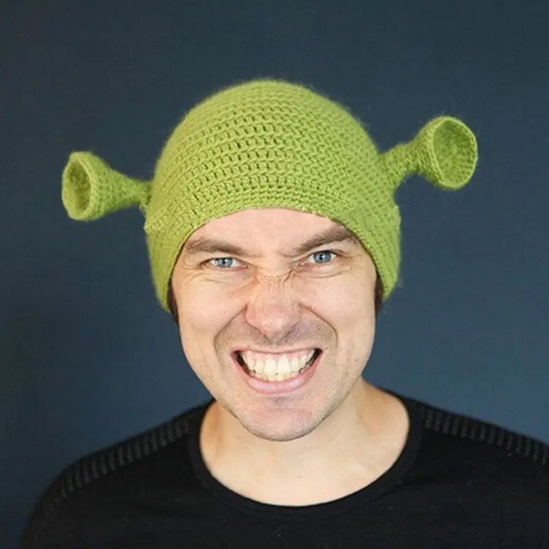 New Funny Schreck Hand Knitting Wool Adult Children Green Monster Shrek Hat Christmas Halloween Parent-child Attire Cosplay