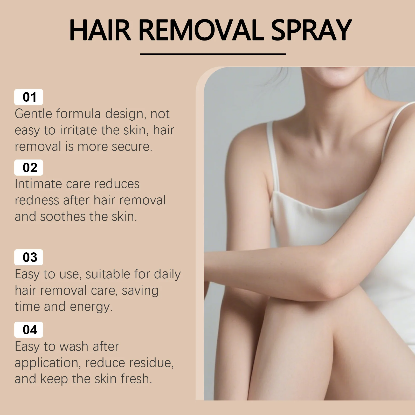 Spray dépilatoire indolore pour tout le corps. Inhibe la repousse des poils, apaise les rougeurs, lisse et hydrate en douceur._voghion.com