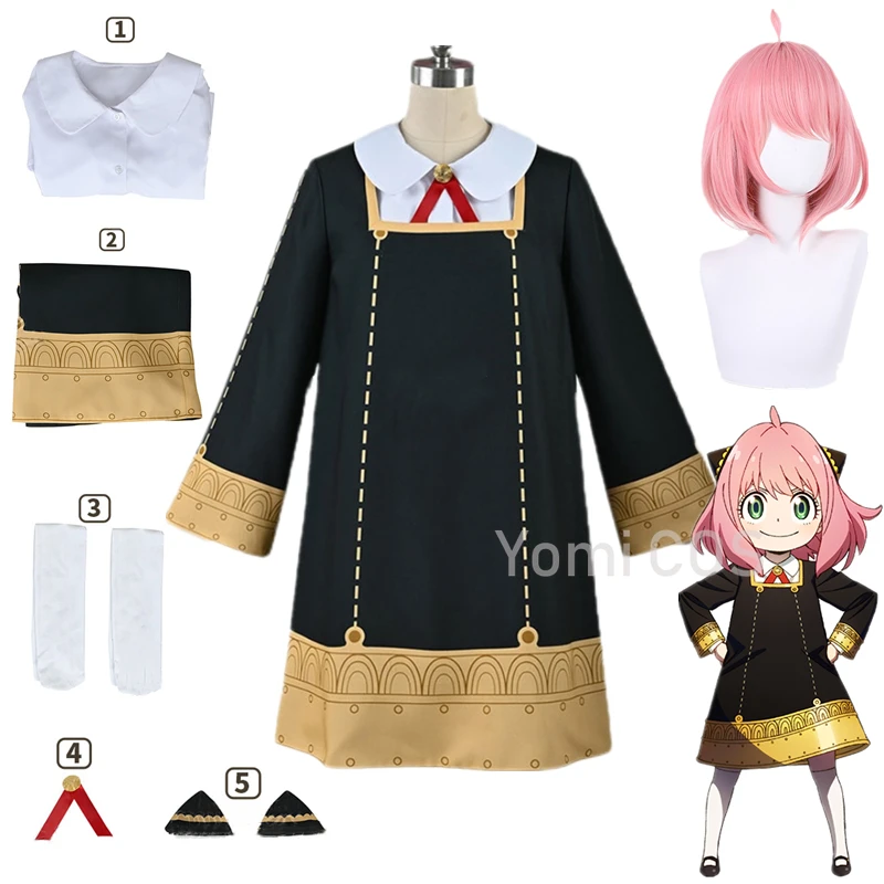 

Anime SPY FAMILY Anya Forger Cosplay Costume Halloween Women Uniforms Black Dress Full Set Pink Short Wig SPY X FAMILY Anya