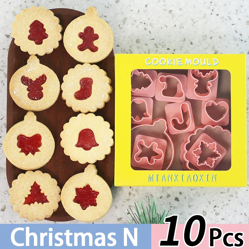 10Pcs Christmas Sandwich Jam Filled Biscuit Mold Cute Jam Cookie Cutter Xmas Jam Biscuit Cutters for Baking Mini Cookie Press