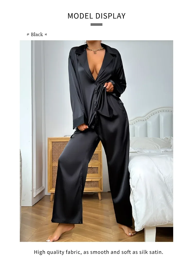 Satin Silk Sleepwear Low Cut Sexy Pajamas For Women Single-Breasted Long Sleeves Wide Leg Pants Trouser Suits Oversized