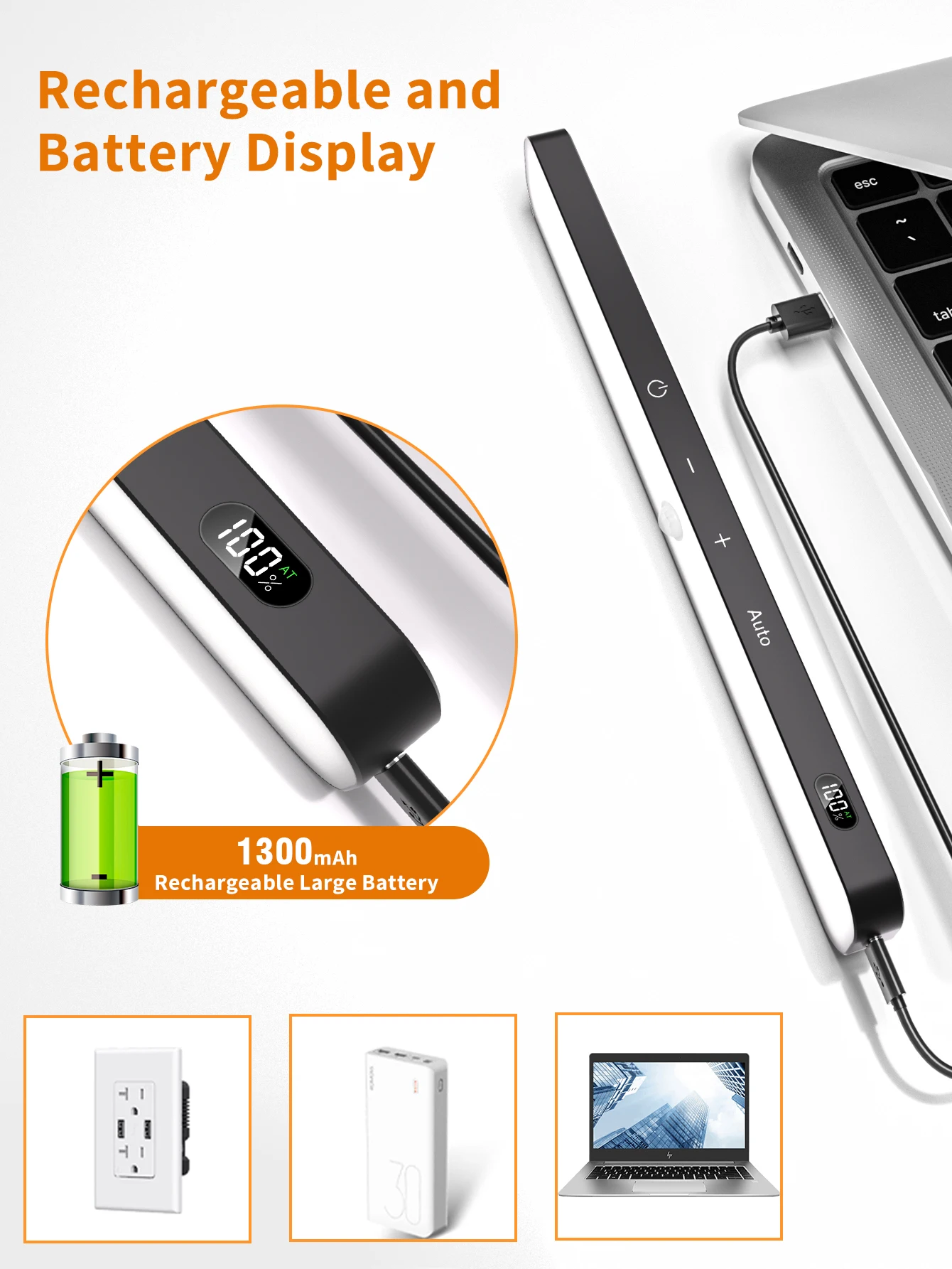 WILLED Motion Sensor Cabinet Warm Light Battery Display 60 LED Touch Light Bar Wireless Rechargeable Battery Night Light 4