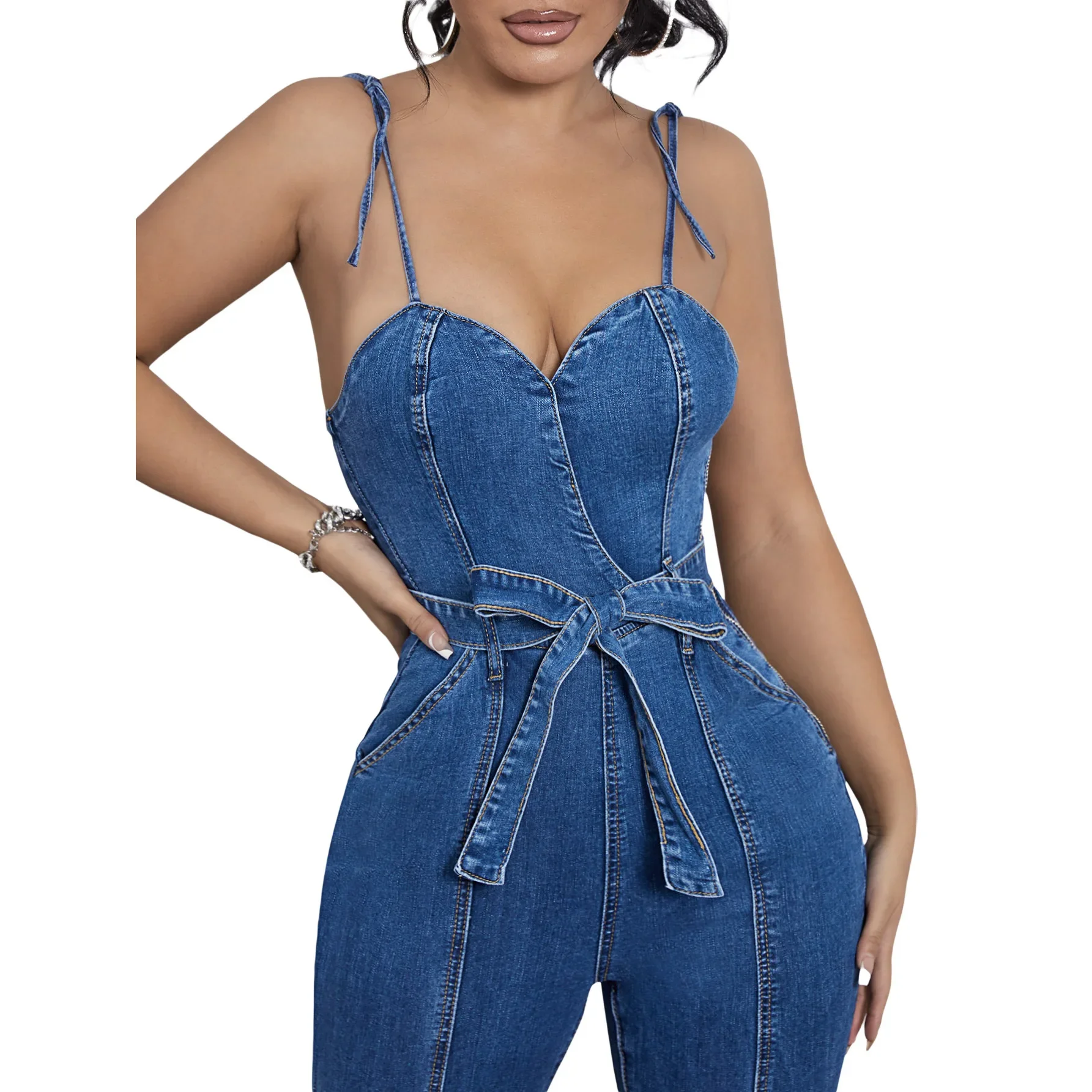 Spaghetti Straps Denim Jumpsuits Elegant Office Lady Solid Skinny Flare Rompers 2024 Summer Sexy Night Club Party One Piece