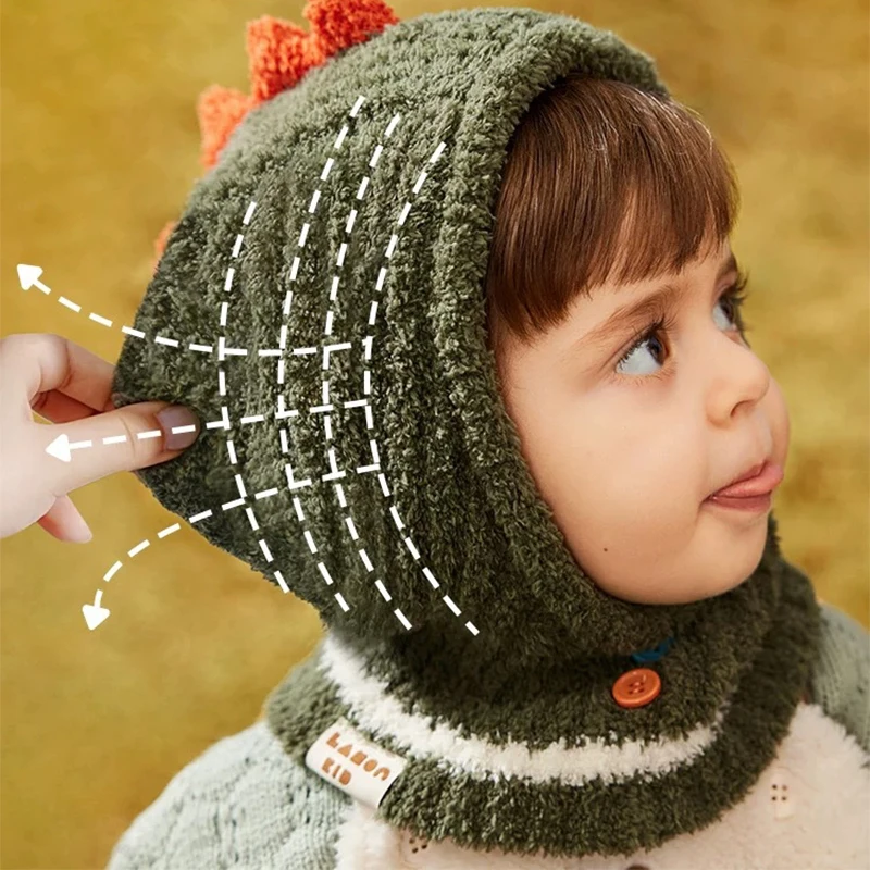 Winter Kinder Schal Ein Stück Kappe Doppel Pompom Sturmhaube Kopfbedeckung Plüsch Ball Mit Kapuze Beanie Warme Baby Ohr Schutz Hut 2-10 jahre – Detail 2