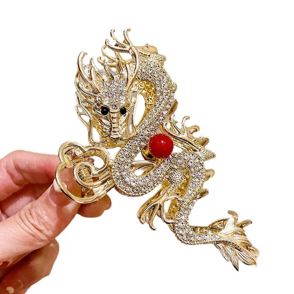 Chinese Dragon Year Hair Clips Hair Accessories for Women Girl Red Bead Metal Rhinestone Claw Pin Fashion Jewelry