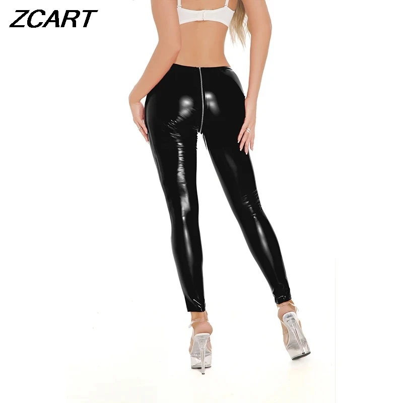Sexy Women Shiny Faux Leather Pants Wetlook Latex PU Zipper Open Crotch Pants Female Red Black Long Trousers Clubwear