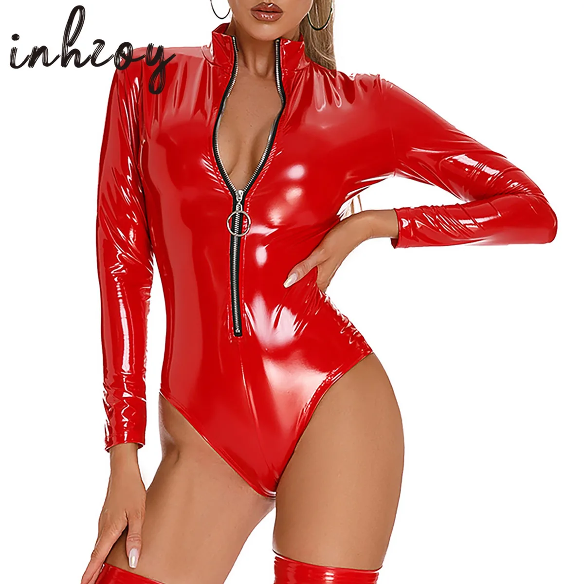 

Sexy Patent Leather Bodysuit Clubwear Womens Wet Look Mock Neck Glossy Long Sleeve Zipper Pole Dance Catsuit Leotard Jumpsuit