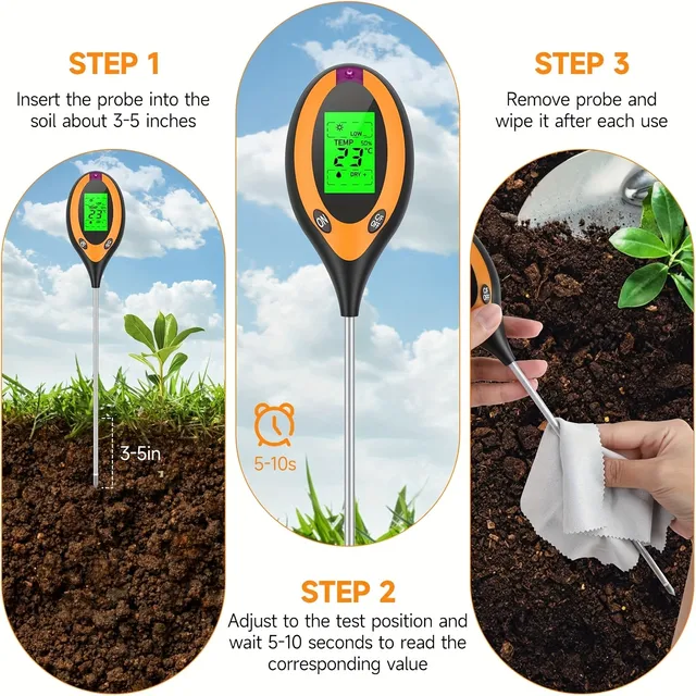 Soil PH Tester 4 in 1 PH Soil PH Detector Light Moisture Fertility pH Temperature Humidity Light Mete Garden for Flowers 4