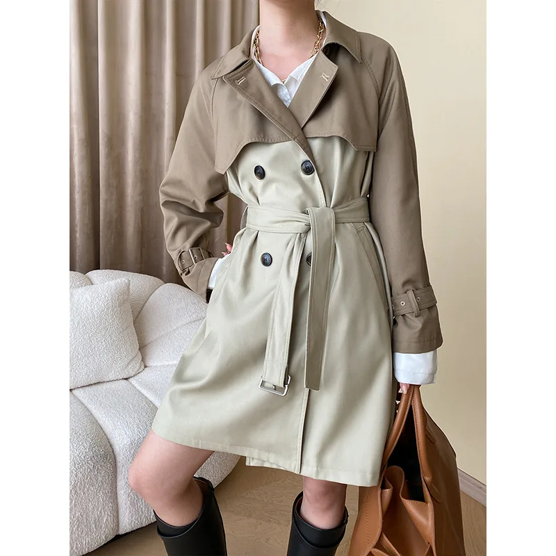 

SuperAen Korean Style High-end Contrast Color Autumn Double Breasted Belt Trench Coat for Women