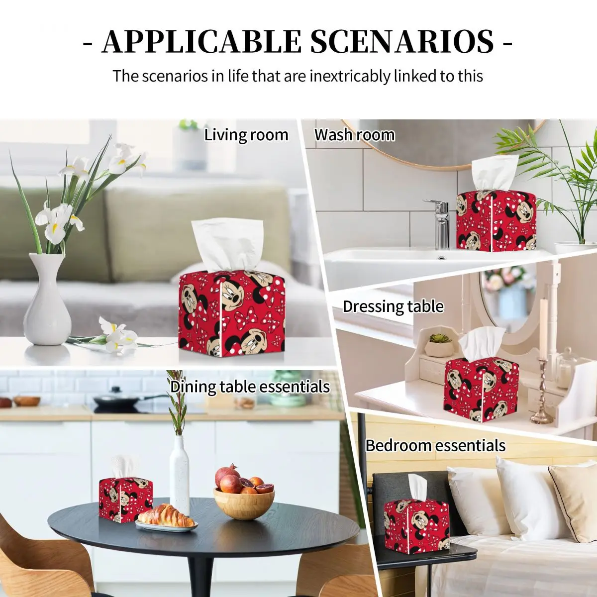 Custom Bow And Mickey Minnie Mouse Tissue Box Cover PU Leather Square Cartoon Facial Tissues Holder for Office 5
