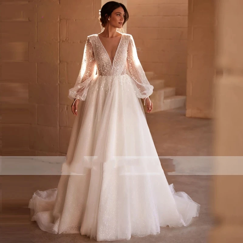 

Elegant Wedding Dresses A-Line Tulle Bridal Gowns Long Puff Sleeves Sexy Robes For Formal Party Deep V-Neck Vestidos De Novia